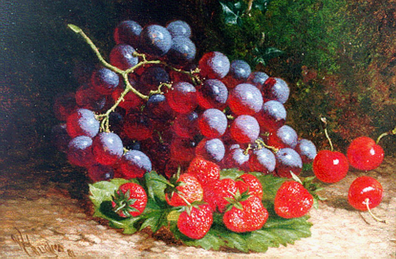 Hughes W.  | William Hughes, A still life with strawberries and grapes, Öl auf Leinwand 20,0 x 30,2 cm, signed l.l. und dated '81