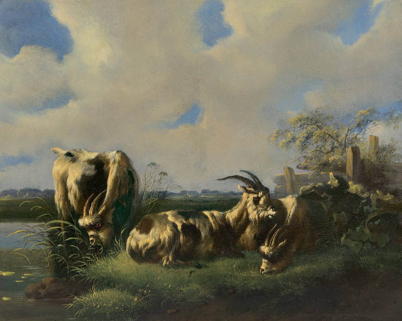 Verhoesen A.  | Albertus Verhoesen | Gemälde zum Verkauf angeboten | Drei Holländische Ziegen auf der Weide, Öl auf Holz 27,0 x 34,3 cm, Unterzeichnet u.r.