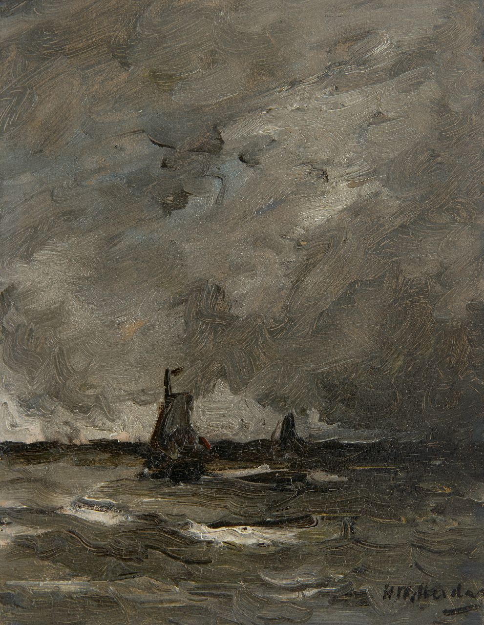 Mesdag H.W.  | Hendrik Willem Mesdag, Fischerschiffe im stürmischen Wetter, Öl auf Holz 19,0 x 15,0 cm, Unterzeichnet u.r.