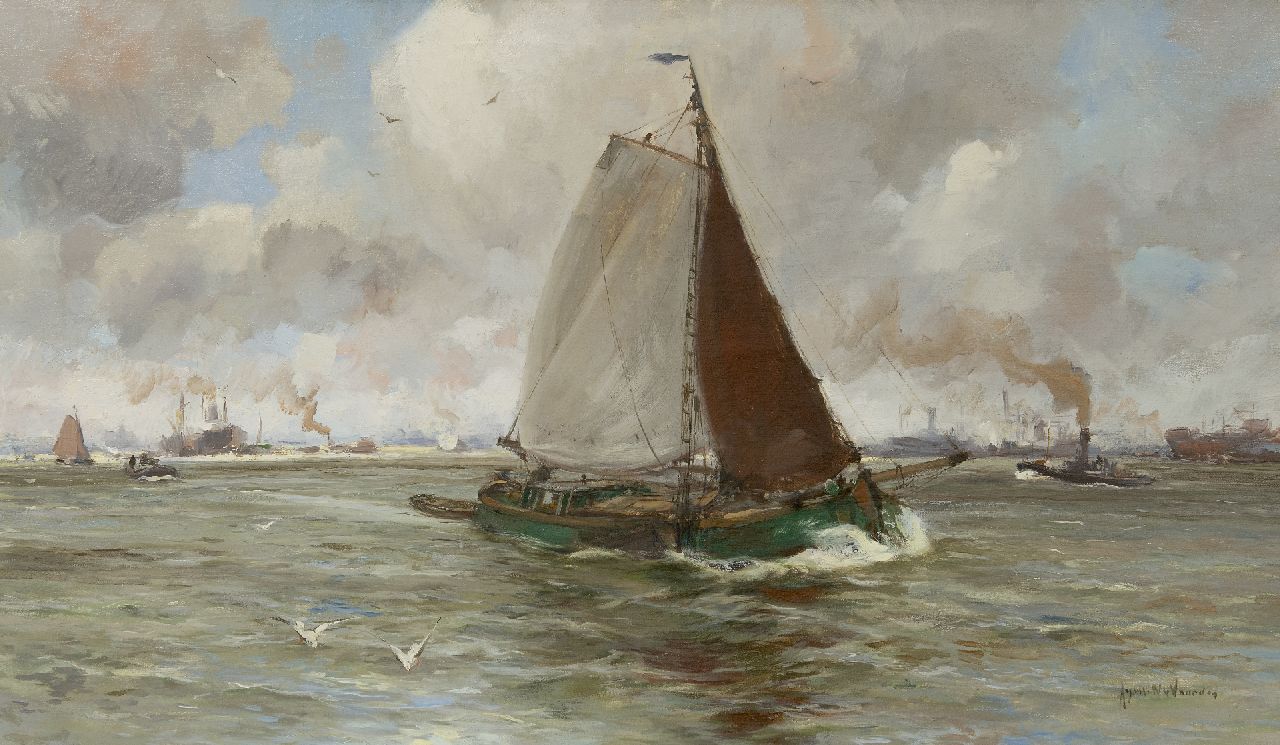 August van Voorden | Lastkahn auf dem Fluss Maasr, Öl auf Leinwand, 57,6 x 97,9 cm, Unterzeichnet u.r.