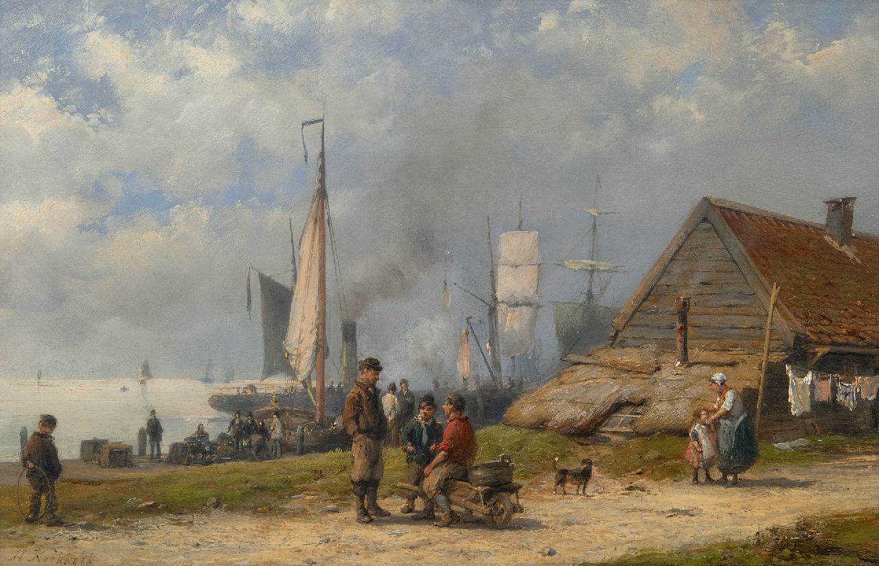 Koekkoek H.  | Hermanus Koekkoek, Fischer und Reisenden an einem Hafen, Öl auf Holz 21,3 x 32,5 cm, Unterzeichnet u.l.