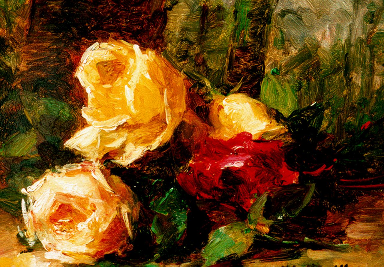 Bellis J.L.  | Josse-Lambert 'Hubert' Bellis, Roses on a forest path, Öl auf Holz 18,8 x 24,4 cm, signed l.r.