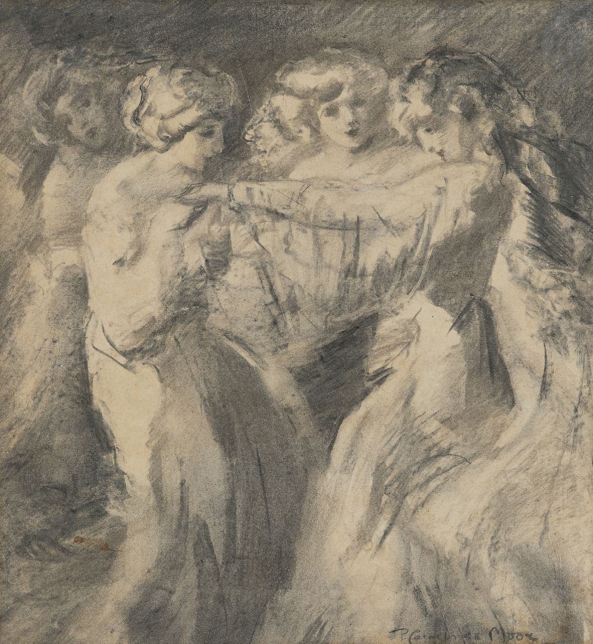 Moor P.C. de | Pieter Cornelis de Moor | Aquarelle und Zeichnungen zum Verkauf angeboten | Tanzende Frauen, Holzkohle  auf Papier 37,0 x 34,0 cm, Unterzeichnet u.r.