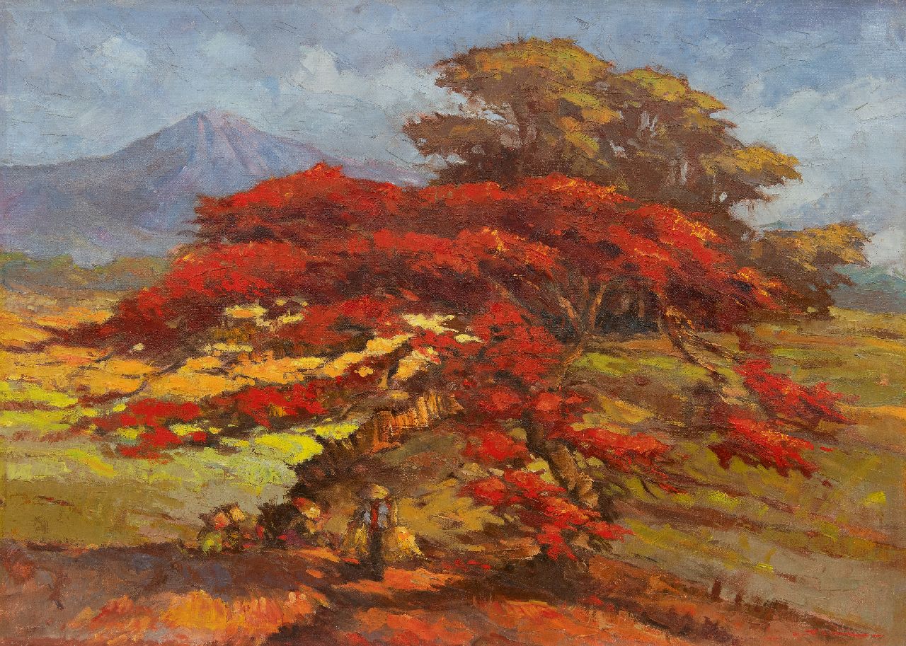Frits Ohl | Indonesische Landschaft mit Flammenbaum, Öl auf Leinwand, 68,3 x 95,3 cm, Unterzeichnet u.r.