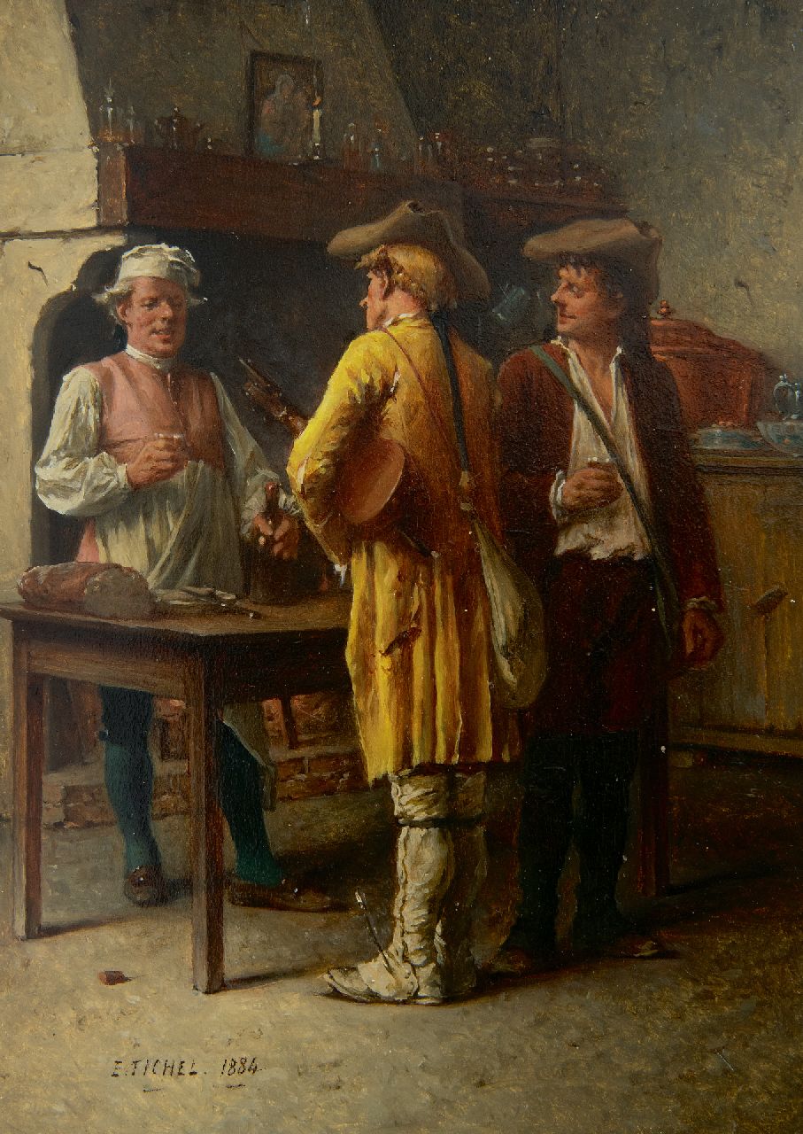 Fichel B.E.  | Benjamin 'Eugène' Fichel | Gemälde zum Verkauf angeboten | Pause im Gasthaus, Öl auf Holz 22,0 x 15,7 cm, Unterzeichnet u.l. und datiert 1884