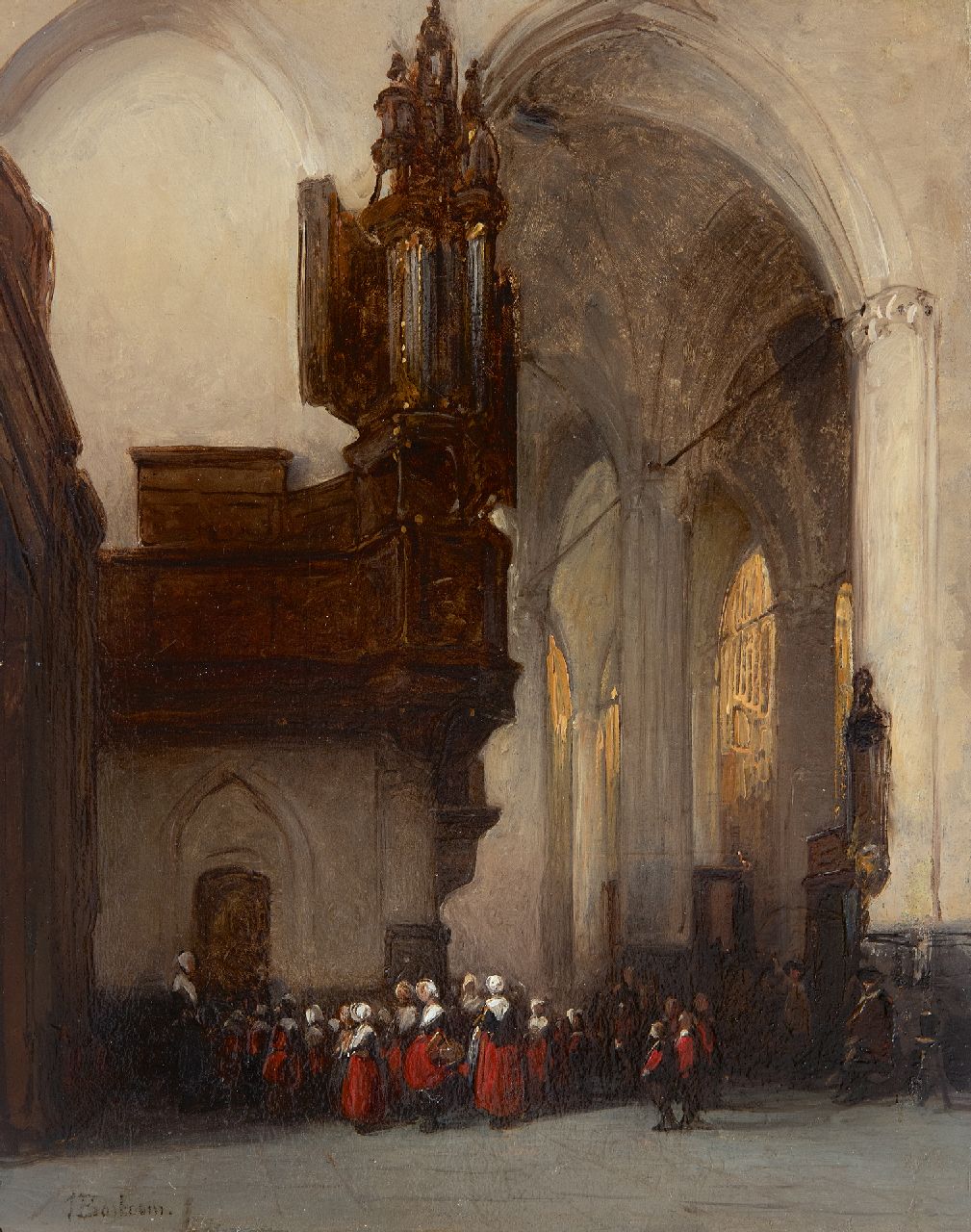 Bosboom J.  | Johannes Bosboom, Amsterdamer Waisenkinder in der Nieuwe Kerk, Öl auf Holz 29,2 x 21,3 cm, Unterzeichnet u.l.