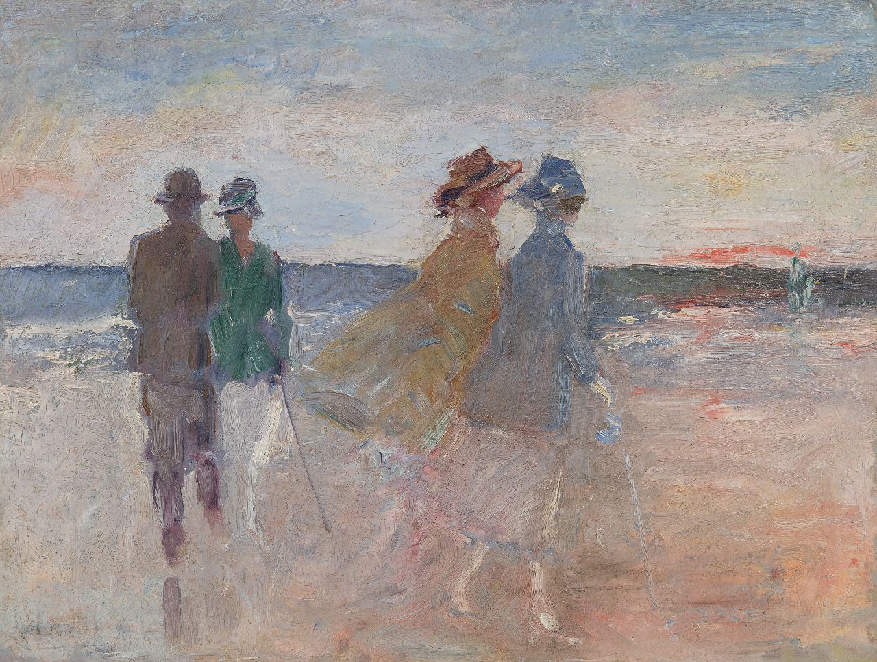 Jan Rinke | Spazieren am Strand von Scheveningen bei Sonnenuntergang, Öl auf Holzfaser, 30,1 x 40,2 cm, Unterzeichnet u.l. (Reste)