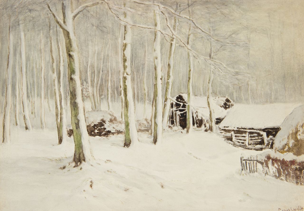 Apol L.F.H.  | Lodewijk Franciscus Hendrik 'Louis' Apol | Aquarelle und Zeichnungen zum Verkauf angeboten | Schneebedeckte Scheunen im Wald, Gouache auf Papier 36,5 x 52,1 cm, Unterzeichnet u.r.