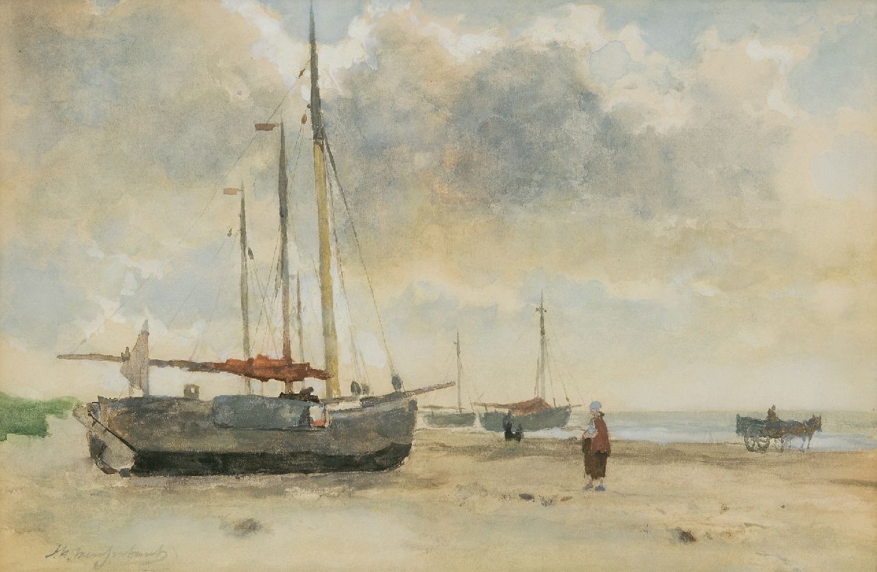 Weissenbruch H.J.  | Hendrik Johannes 'J.H.' Weissenbruch, 'Bomschiffe' auf dem Strand, Aquarell auf Papier 32,8 x 49,6 cm, Unterzeichnet u.l.