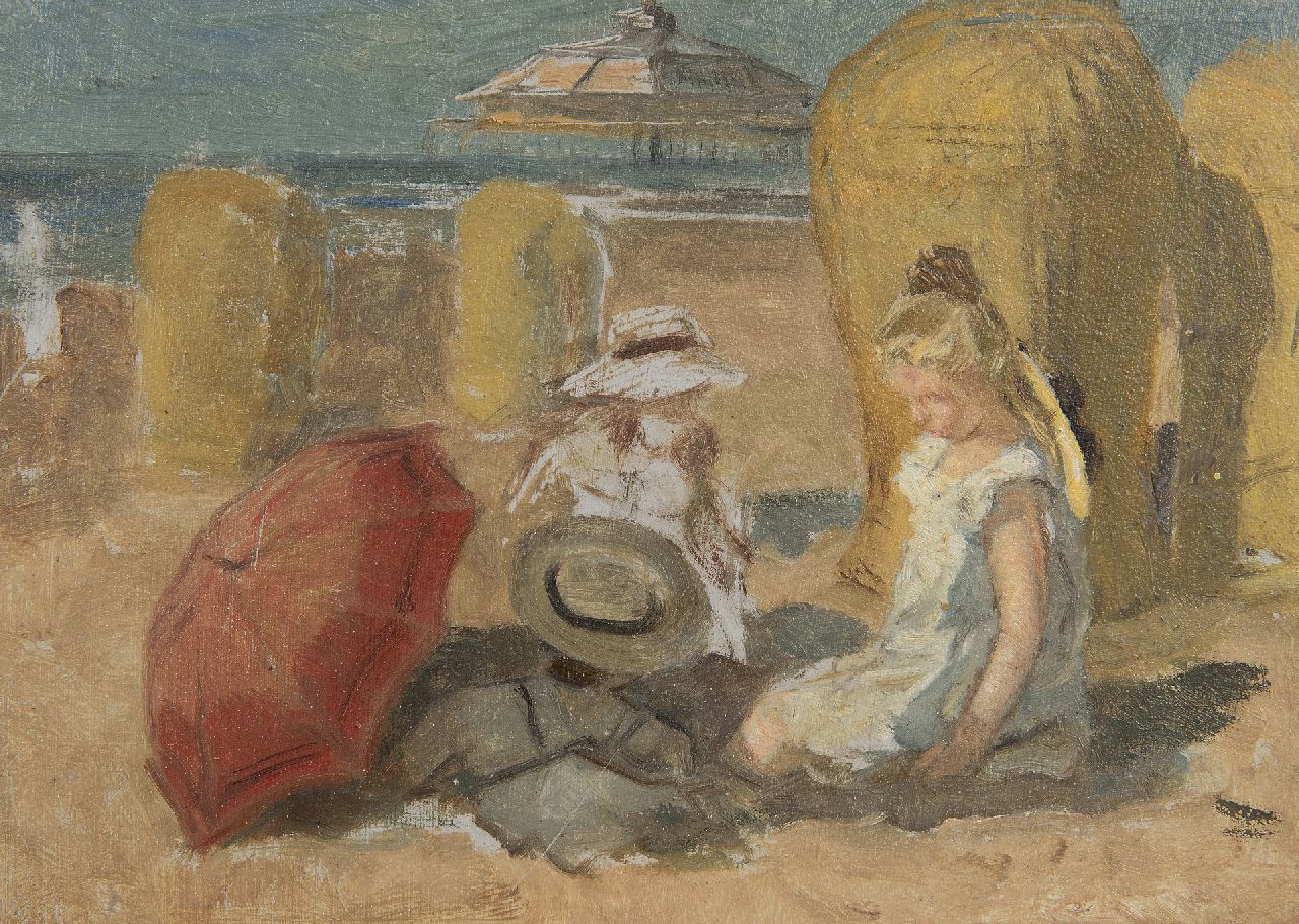 Jonge J.A. de | Johan Antoni de Jonge | Gemälde zum Verkauf angeboten | Kinder am Strand von Scheveningen, Öl auf Malereifaser 16,0 x 22,0 cm