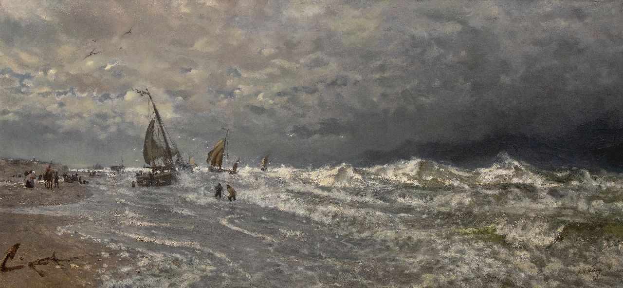 Johan Hendrik Wijtkamp | Fischerboote in der Brandung, Öl auf Leinwand, 82,0 x 174,0 cm, Unterzeichnet u.r. und datiert 1888