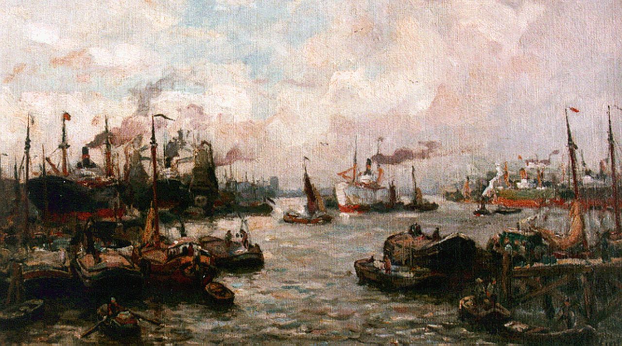 Moll E.  | Evert Moll, Activities in the Rotterdam harbour, Öl auf Leinwand 24,3 x 40,8 cm, signed l.r.