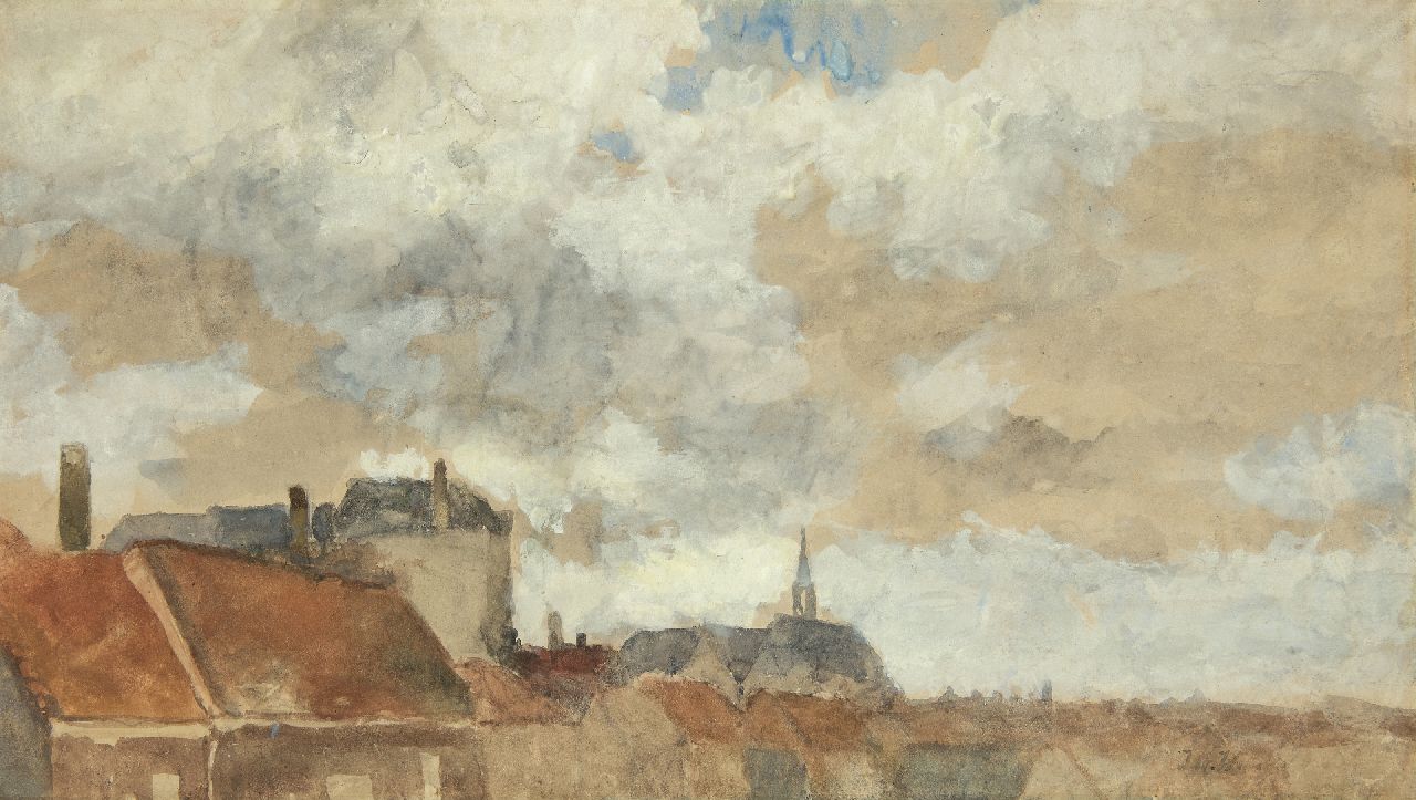 Weissenbruch H.J.  | Hendrik Johannes 'J.H.' Weissenbruch | Aquarelle und Zeichnungen zum Verkauf angeboten | Blick über die Dächer, Aquarell auf Papier 32,2 x 57,5 cm, Unterzeichnet u.r. mit Initialen