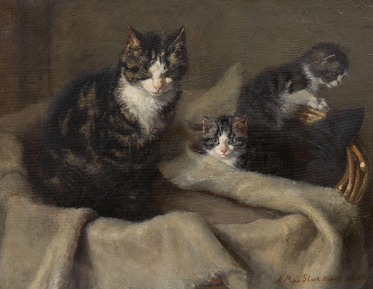 Kruijff A.M.  | Anna Maria Kruijff, Mutterkatze mit zwei Kätschen, Öl auf Leinwand 35,2 x 45,4 cm, Unterzeichnet u.r. und datiert 1908