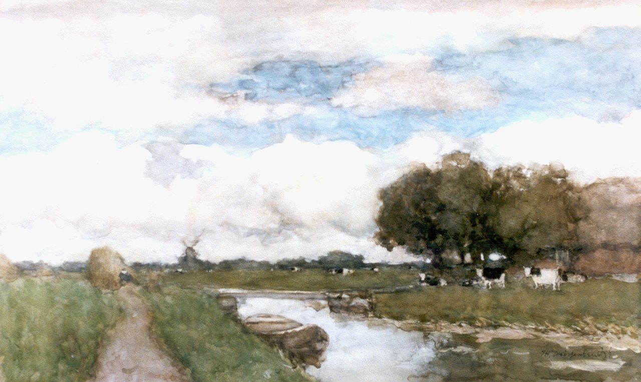 Weissenbruch H.J.  | Hendrik Johannes 'J.H.' Weissenbruch, Cows in a polder landscape, Aquarell auf Papier 38,0 x 61,5 cm, signed l.r.