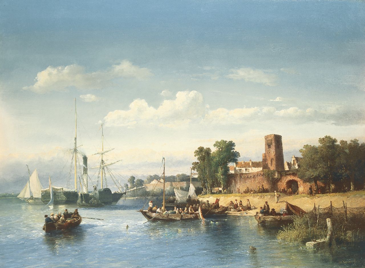 Verveer S.L.  | 'Salomon' Leonardus Verveer | Gemälde zum Verkauf angeboten | Die Merwede bei Woudrichem mit Raderboot und Fähre, Öl auf Leinwand 76,0 x 102,3 cm, Unterzeichnet r.u. und datiert '51