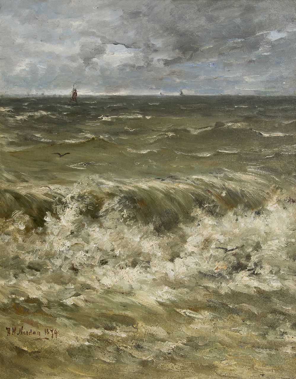 Mesdag H.W.  | Hendrik Willem Mesdag, Brandung mit Schiffe in die Ferne, Öl auf Leinwand auf Holz 88,6 x 69,5 cm, Unterzeichnet u.l. und datiert 1879