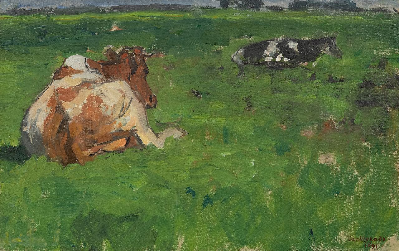 Verkade J.  | Jan Verkade | Gemälde zum Verkauf angeboten | Kühe auf der Weide, Öl auf Leinwand 26,5 x 41,4 cm, Unterzeichnet u.r. und datiert 1891