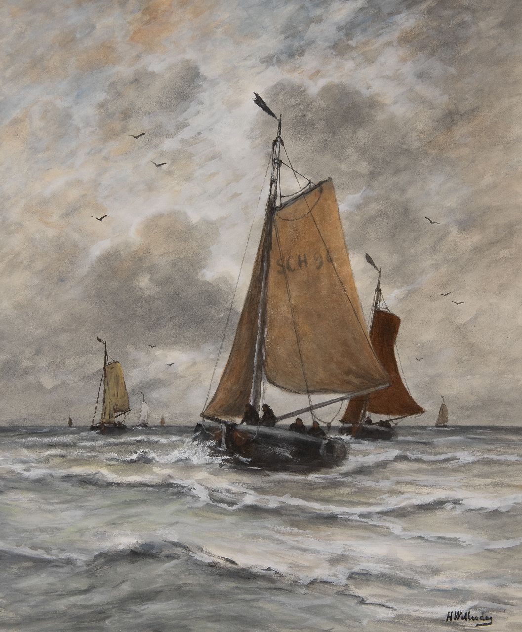 Mesdag H.W.  | Hendrik Willem Mesdag, Rückkehrende Fischerboote, Scheveningen, Aquarell auf Papier 74,3 x 61,6 cm, Unterzeichnet u.r.