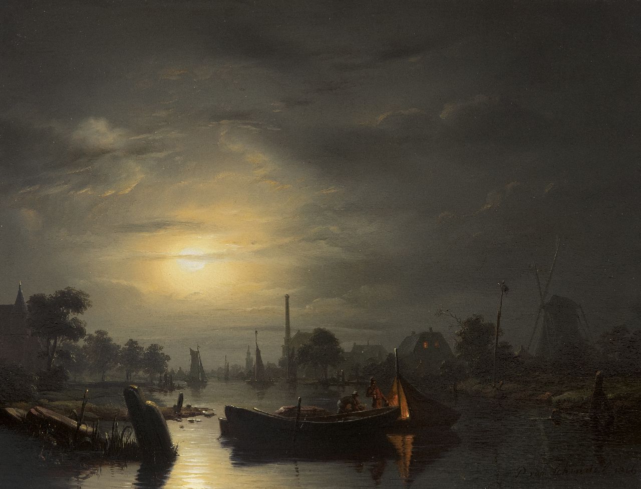 Schendel P. van | Petrus van Schendel, Flusslandschaft im Mondlicht bei Den Haag, Öl auf Holz 33,3 x 43,4 cm, Unterzeichnet u.r. und datiert 1846