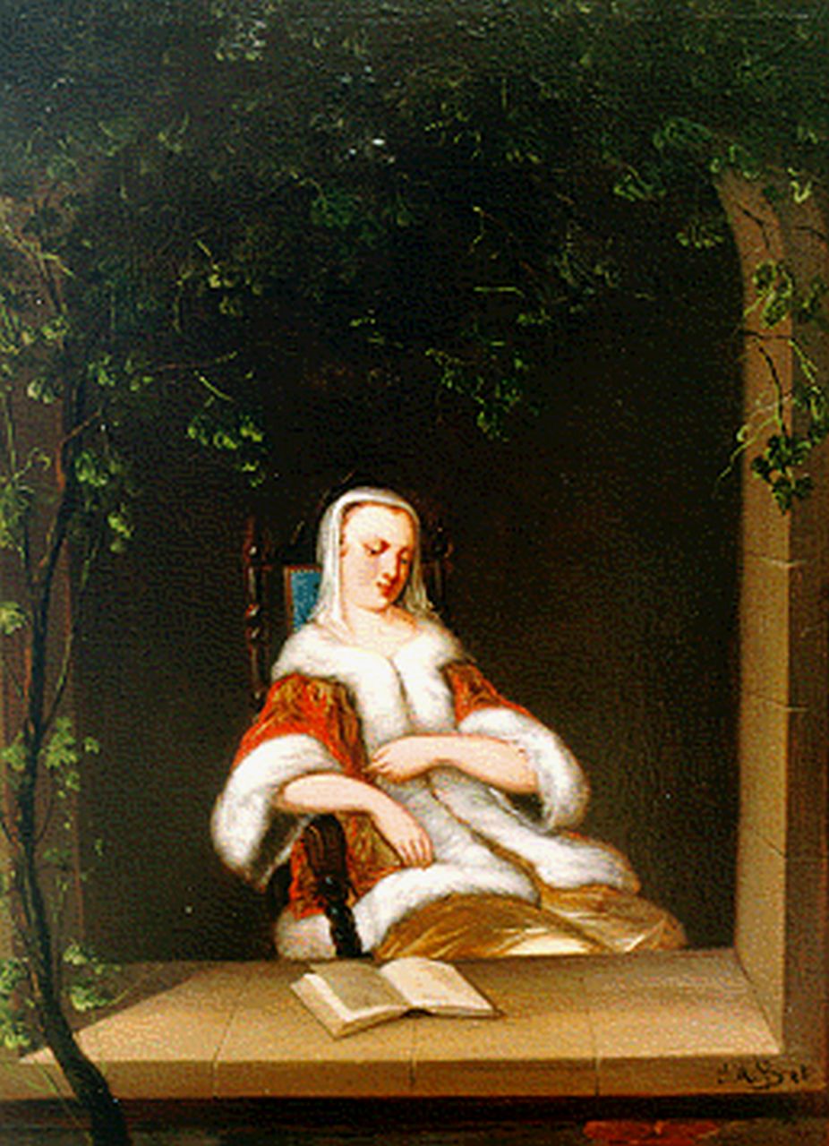 Johannes Mattheus Bogman | An elegant lady reading a book, Öl auf Holz, 25,1 x 18,5 cm, signed l.r. und dated '58