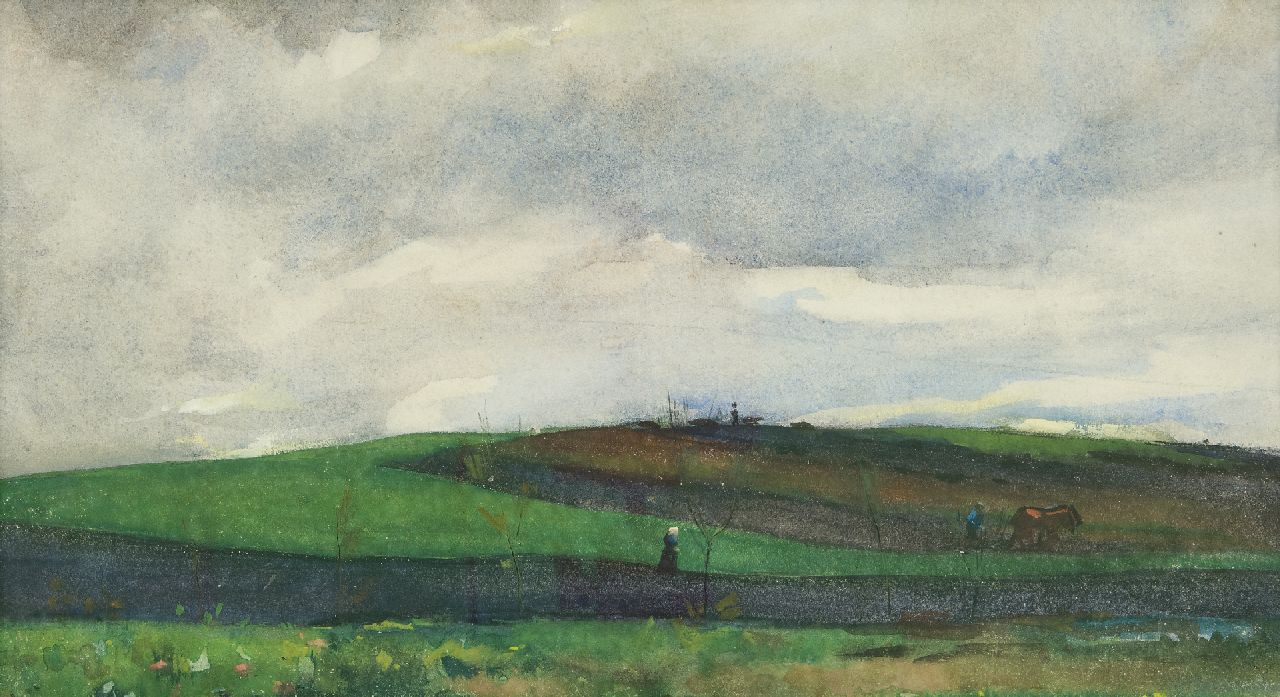 Arntzenius P.F.N.J.  | Pieter Florentius Nicolaas Jacobus 'Floris' Arntzenius | Aquarelle und Zeichnungen zum Verkauf angeboten | Landschaft bei regnerischem Wetter, Holzkohle und Aquarell auf Papier 23,0 x 41,5 cm, Unterzeichnet u.l. Signaturreste