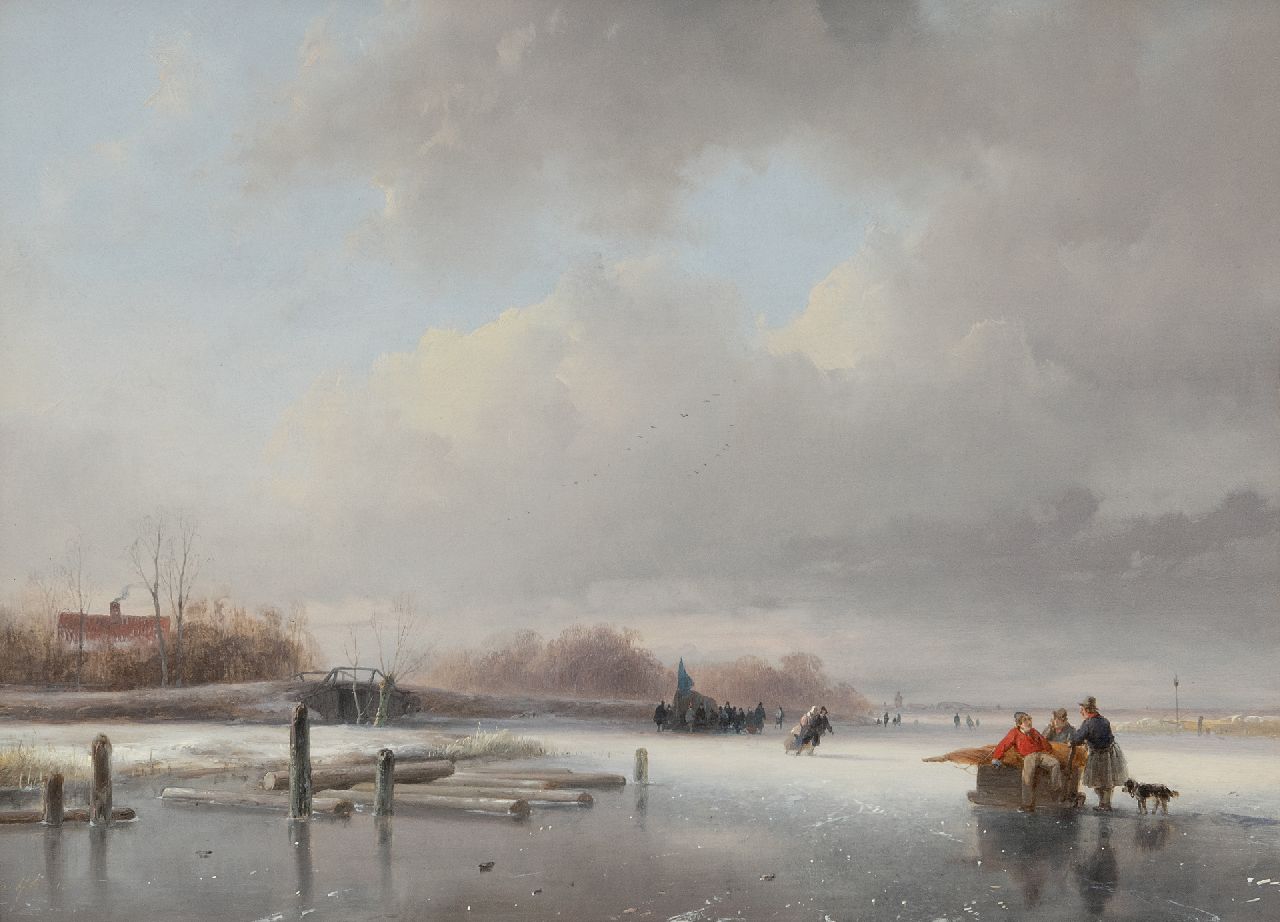 Schelfhout A.  | Andreas Schelfhout, Zugefrorener Fluss mit Schlittschuhläufern und einer 'Koek-en-Zopie'- Bude, Öl auf Holz 29,5 x 39,7 cm, Unterzeichnet u.l. und datiert um 1832-1834