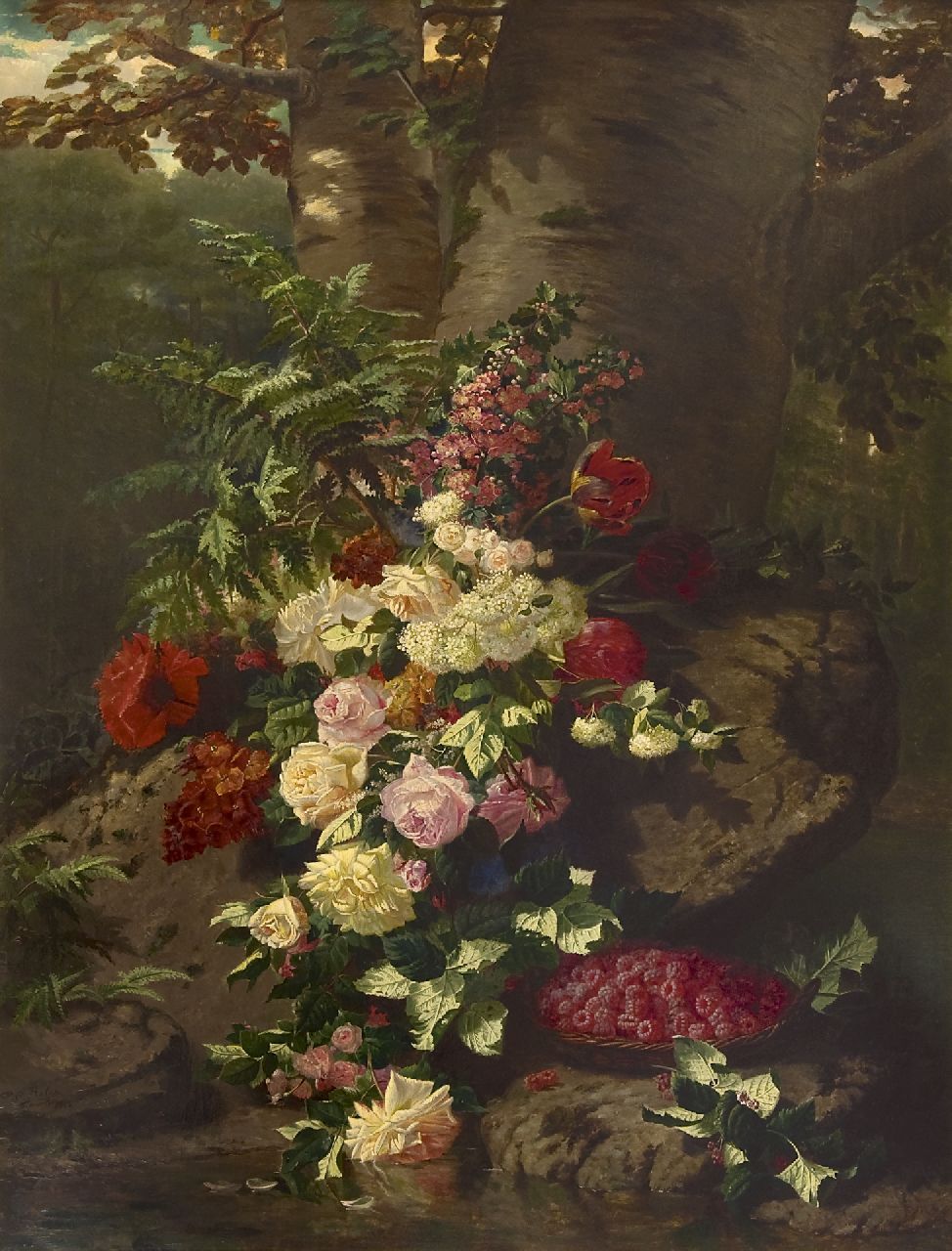 Robie J.B.  | Jean-Baptiste Robie | Gemälde zum Verkauf angeboten | Blumenstilleben mit Rosen, blühenden Zweigen und Himbeeren, Öl auf Leinwand 137,7 x 106,0 cm, Unterzeichnet l.u. und datiert 'Bruxelles' 1864