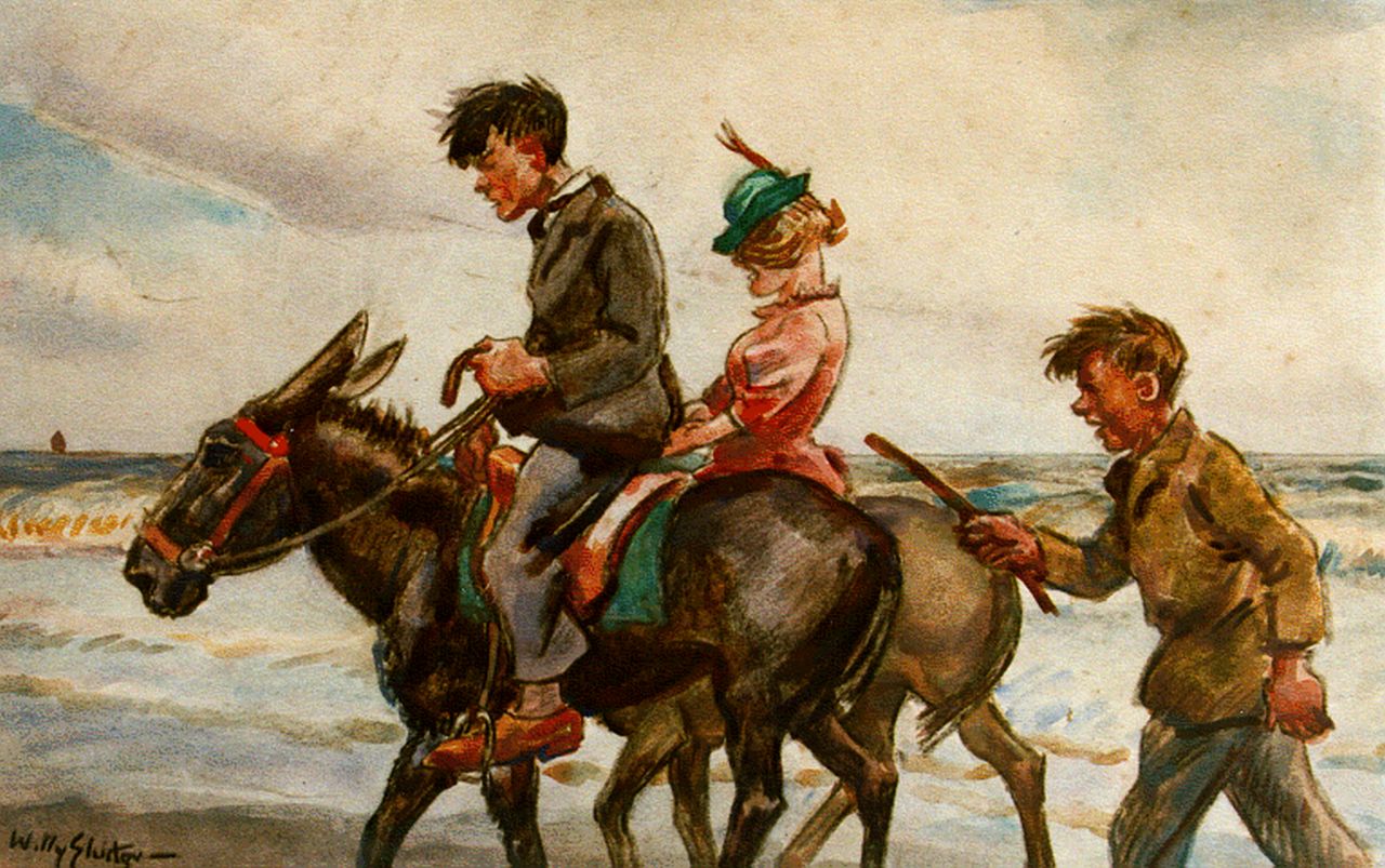 Sluiter J.W.  | Jan Willem 'Willy' Sluiter, Donkey ride, Aquarell auf Papier 26,3 x 39,8 cm, signed l.l.