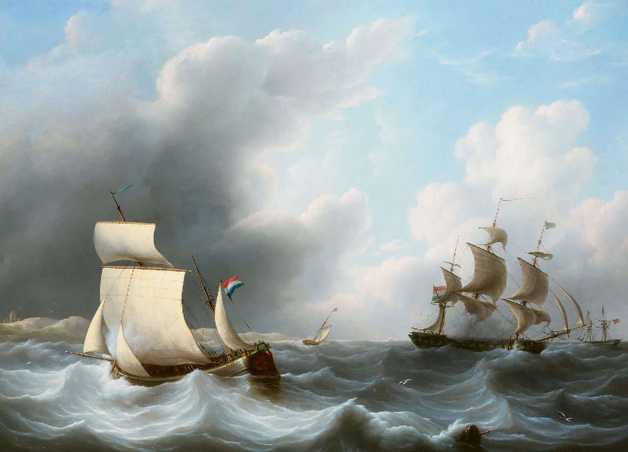 Schouman M.  | Martinus Schouman | Gemälde zum Verkauf angeboten | Seestück mit Kuff und Fregatte, Öl auf Leinwand 72,0 x 98,5 cm, Unterzeichnet r.u. und zu datieren um 1810-1820
