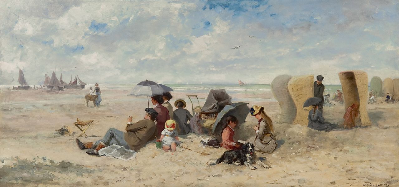 Kate J.M. ten | Johannes Marius ten Kate | Gemälde zum Verkauf angeboten | Familientag am Scheveninger Strand, Öl auf Holz 33,3 x 69,2 cm, Unterzeichnet r.u.