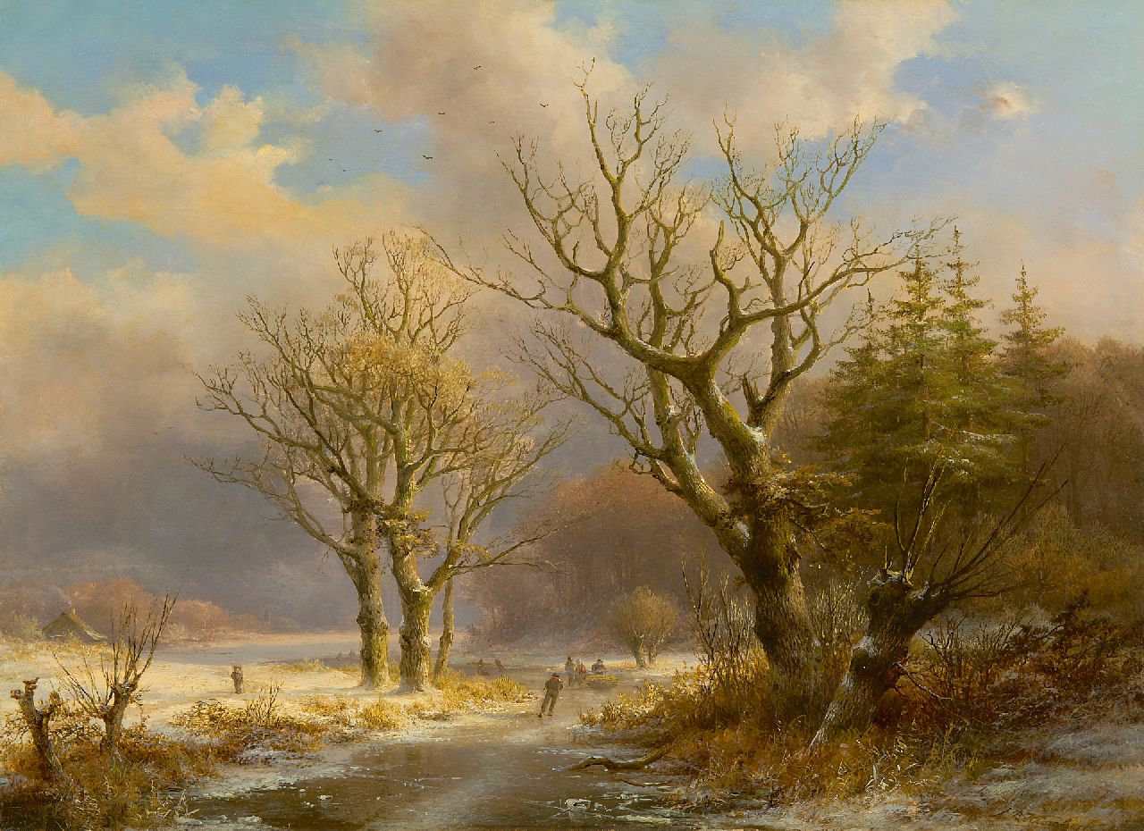 Klombeck J.B.  | Johann Bernard Klombeck | Gemälde zum Verkauf angeboten | Winterlandschaft mit Schlittschuhläufern, Öl auf Holz 38,7 x 53,6 cm, Unterzeichnet r.u.