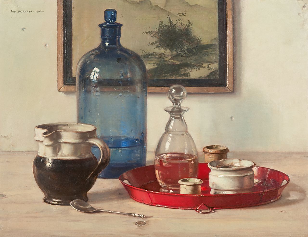 Bogaerts J.J.M.  | Johannes Jacobus Maria 'Jan' Bogaerts | Gemälde zum Verkauf angeboten | Stilleben mit blauer Flasche und Töpfchen, Öl auf Leinwand 34,7 x 45,4 cm, Unterzeichnet o.l. und datiert 1943