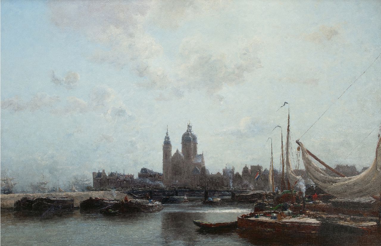 Wijsmuller J.H.  | Jan Hillebrand Wijsmuller | Gemälde zum Verkauf angeboten | Amsterdamer Hafenblick mit der St. Nicolaaskerk, Öl auf Leinwand 99,5 x 149,8 cm, Unterzeichnet r.u.