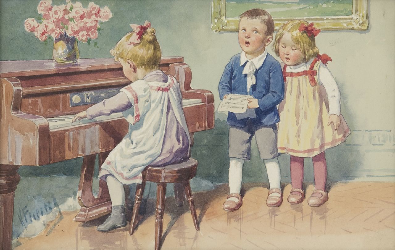 Feiertag K.  | Karl Feiertag | Aquarelle und Zeichnungen zum Verkauf angeboten | Das Hauskonzert, Aquarell auf Papier 17,9 x 27,9 cm, Unterzeichnet u.l.