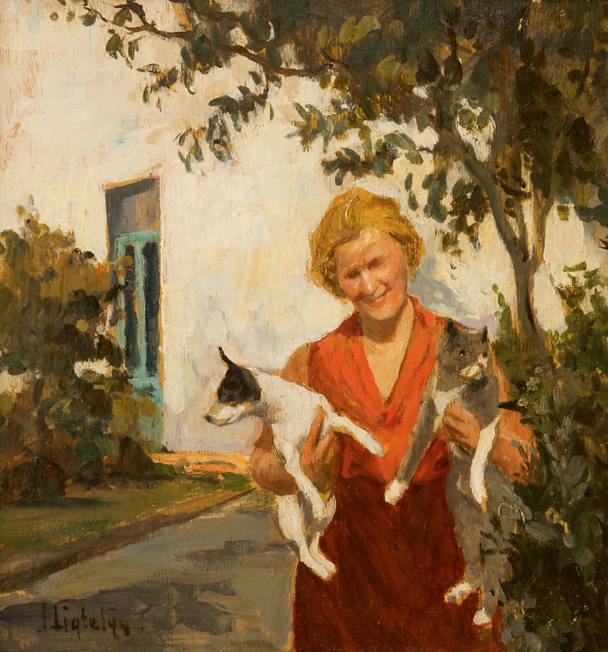 Ligtelijn E.J.  | Evert Jan Ligtelijn | Gemälde zum Verkauf angeboten | Frau mit Hund und Katze im Garten, Öl auf Tafel 24,0 x 22,7 cm, Unterzeichnet u.l.