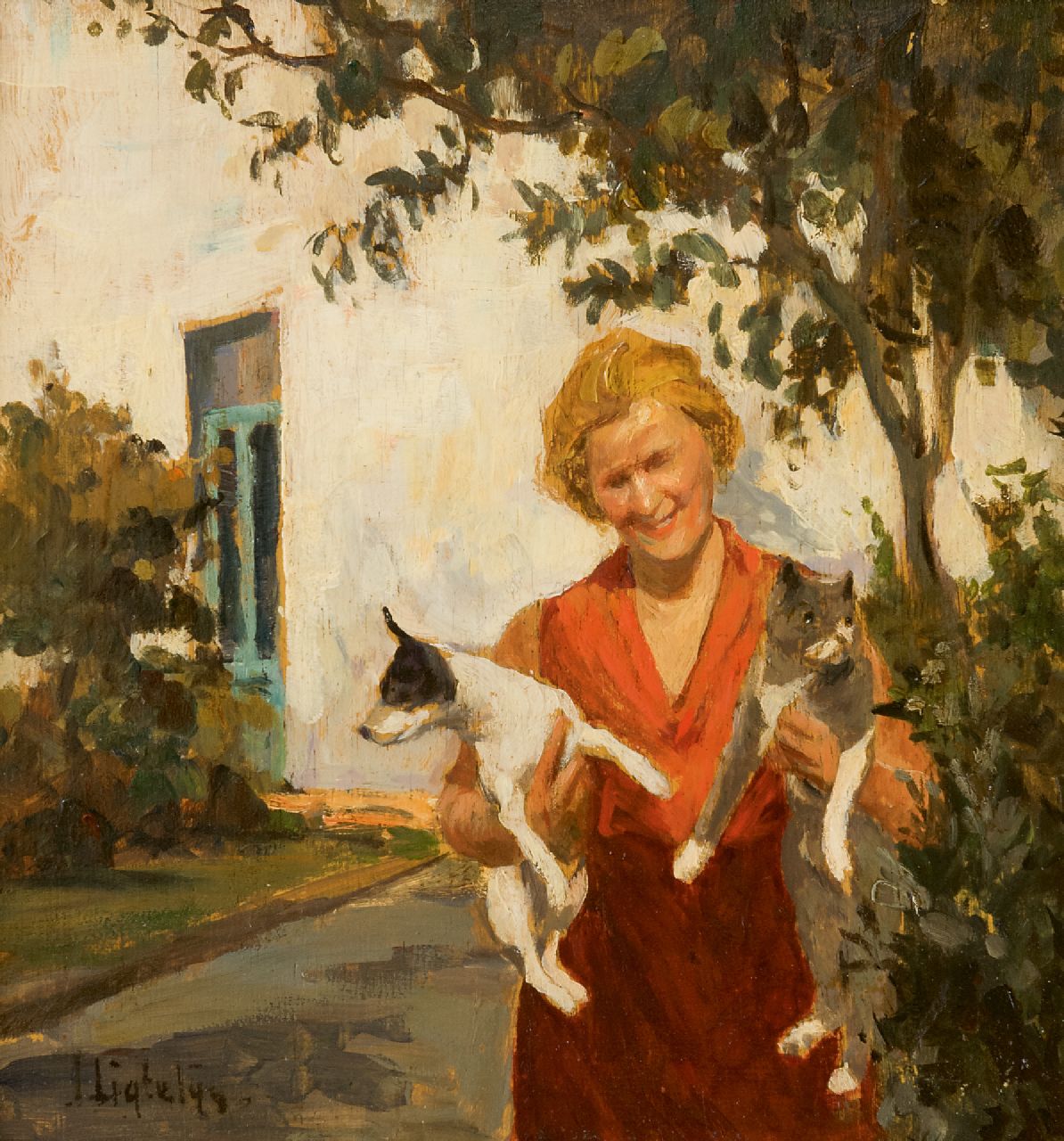 Ligtelijn E.J.  | Evert Jan Ligtelijn, Frau mit Hund und Katze im Garten, Öl auf Holz 24,0 x 22,7 cm, Unterzeichnet u.l.