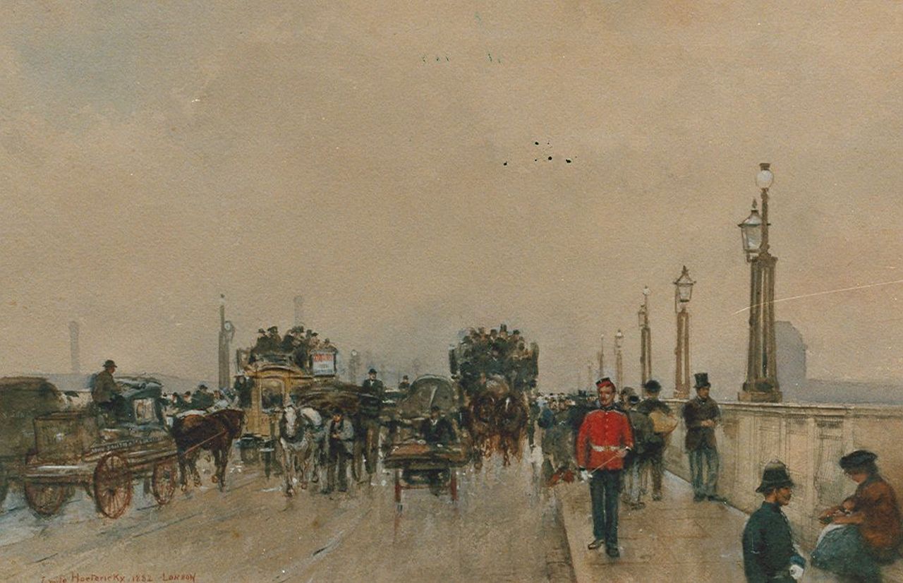 Hoeterickx E.  | Emile Hoeterickx, Horsetrams, Waterloo Bridge, Aquarell auf Papier 36,0 x 55,0 cm, signed l.l. und dated 1882