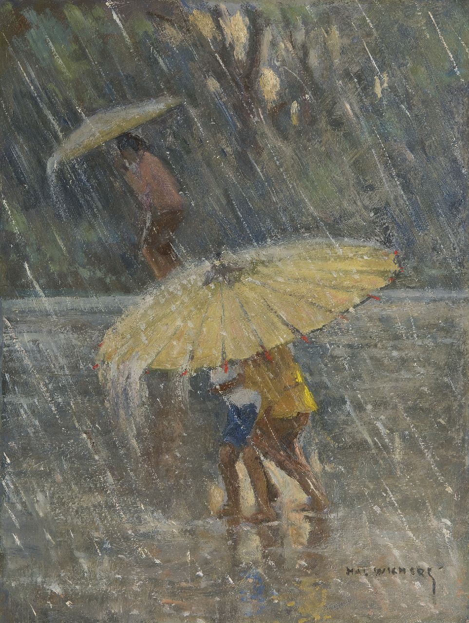 Wichers H.A.L.  | Hendrik Arend Ludolf 'Hal' Wichers, Der tropische Regenschauer, Öl auf Holzfaser 40,0 x 30,1 cm, Unterzeichnet u.r.