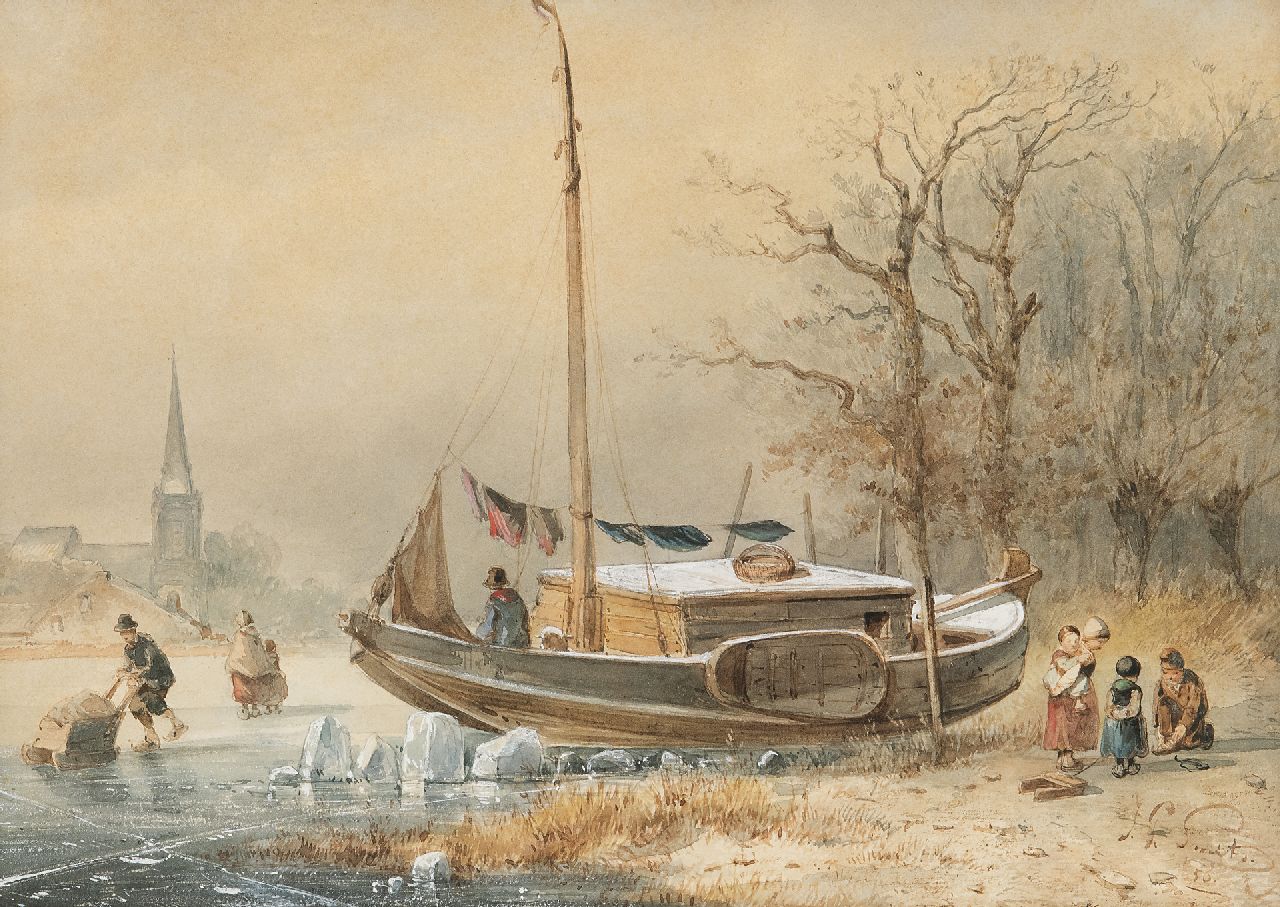 Smits J.G.  | Jan Gerard Smits | Aquarelle und Zeichnungen zum Verkauf angeboten | Winterlandschaft mit mit festgefrorenen Schiff, Aquarell auf Papier 22,0 x 30,0 cm, Unterzeichnet u.r. und datiert '50