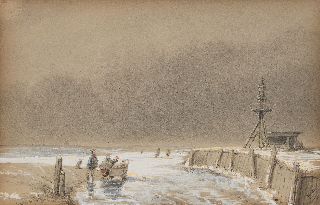 Schelfhout A.  | Andreas Schelfhout | Aquarelle und Zeichnungen zum Verkauf angeboten | Figuren auf dem Eis bei einem Leuchtfeuer, Tinte und Aquarell auf Papier 14,0 x 22,5 cm