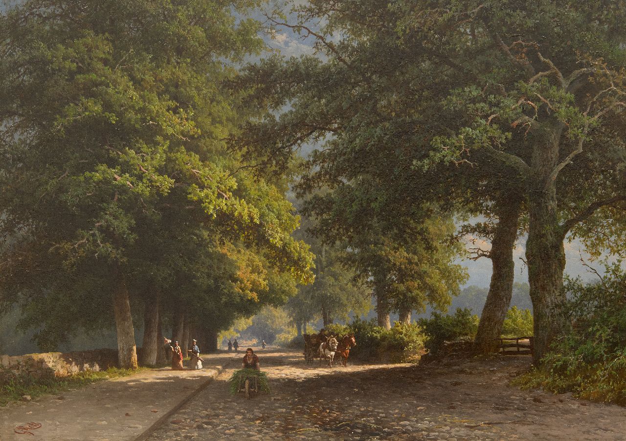 Roth G.A.  | George Andries Roth, Bäumenallee mit Wanderern und Landleuten, Öl auf Holz 40,4 x 57,3 cm, Unterzeichnet u.l.