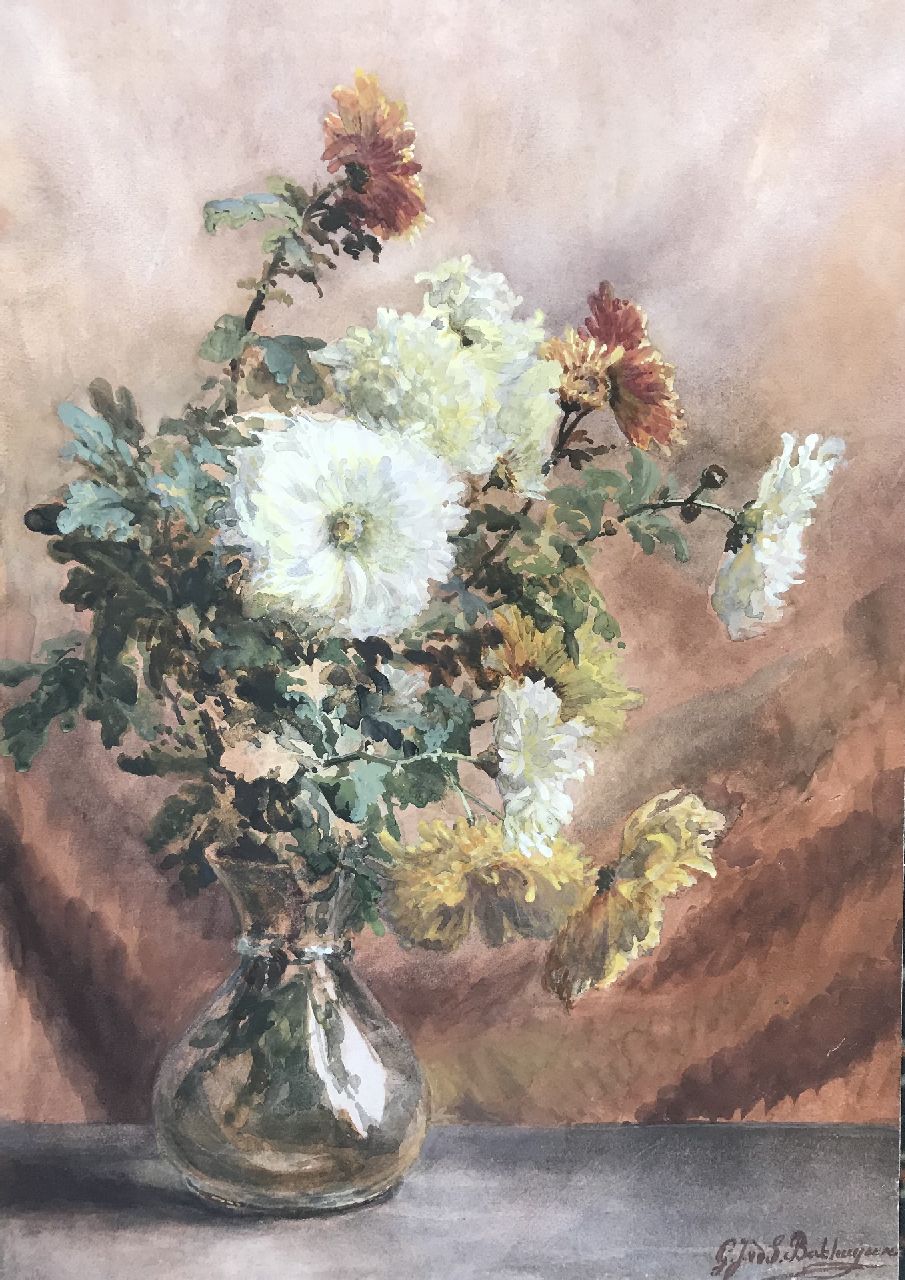 Sande Bakhuyzen G.J. van de | 'Gerardine' Jacoba van de Sande Bakhuyzen | Aquarelle und Zeichnungen zum Verkauf angeboten | Chrysanthemen in einer Glasvase, Aquarell auf Papier 51,5 x 36,3 cm, Unterzeichnet u.r.