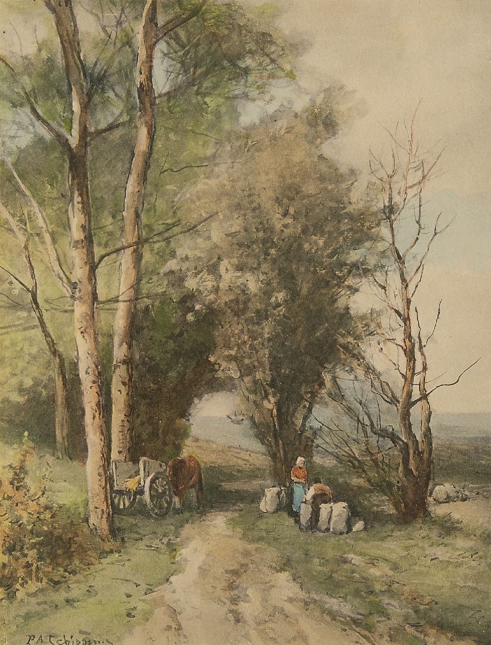 Schipperus P.A.  | Pieter Adrianus 'Piet' Schipperus, Waldweg mit Bauernwagen und Figuren, Aquarell auf Papier 25,7 x 19,9 cm, Unterzeichnet u.l.