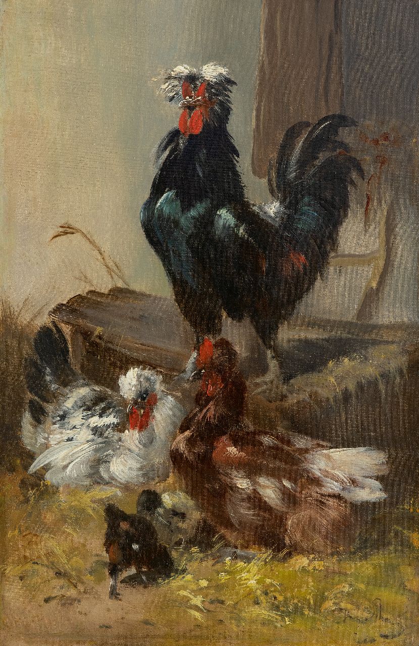 Schouten H.  | Henry Schouten | Gemälde zum Verkauf angeboten | Schwarzer Hahn mit Hühnern, Öl auf Leinwand 60,2 x 40,3 cm, Unterzeichnet u.r.