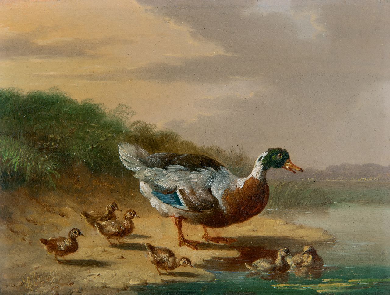 Verhoesen A.  | Albertus Verhoesen, Ente mit Küken am Wasser, Öl auf Holz 13,2 x 17,0 cm, Unterzeichnet u.l. und datiert 1841