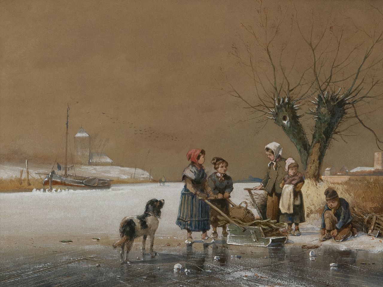 Smits J.G.  | Jan Gerard Smits, Kinder auf dem Eis, Aquarell und Gouache auf Papier 26,5 x 35,5 cm