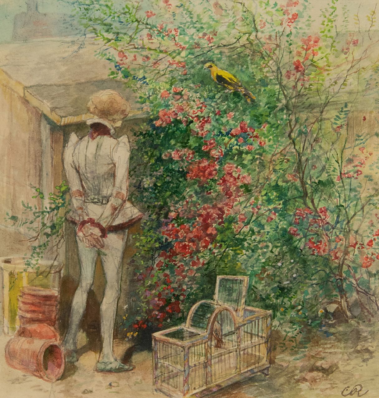 Rochussen Ch.  | Charles Rochussen, Warten auf Gesellschaft, Aquarell auf Papier 13,8 x 13,1 cm, Unterzeichnet u.r. mit Monogramm