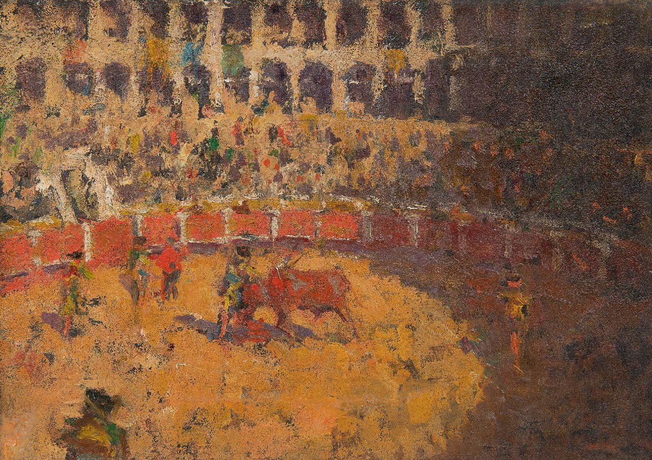 Europese School, begin 20e eeuw | Stierkampf im Arena Las Ventas, Madrid, Öl auf Leinwand, 24,5 x 34,3 cm, ohne Rahmen