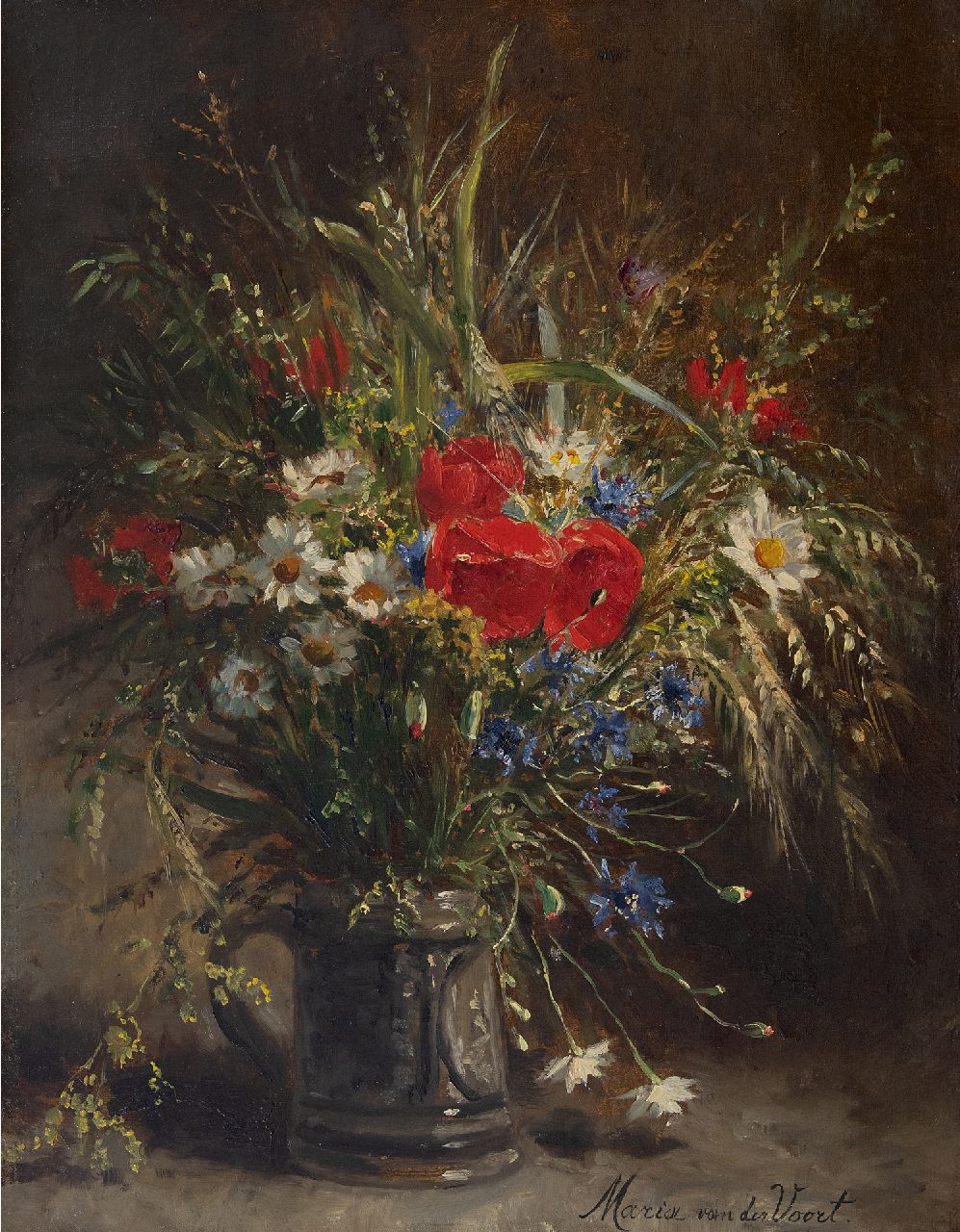Voort in de Betouw-Nourney M. van der | Maria van der Voort in de Betouw-Nourney | Gemälde zum Verkauf angeboten | Feldstrauß in einem Steinbecher, Öl auf Leinwand 53,8 x 41,5 cm, signed l.r.